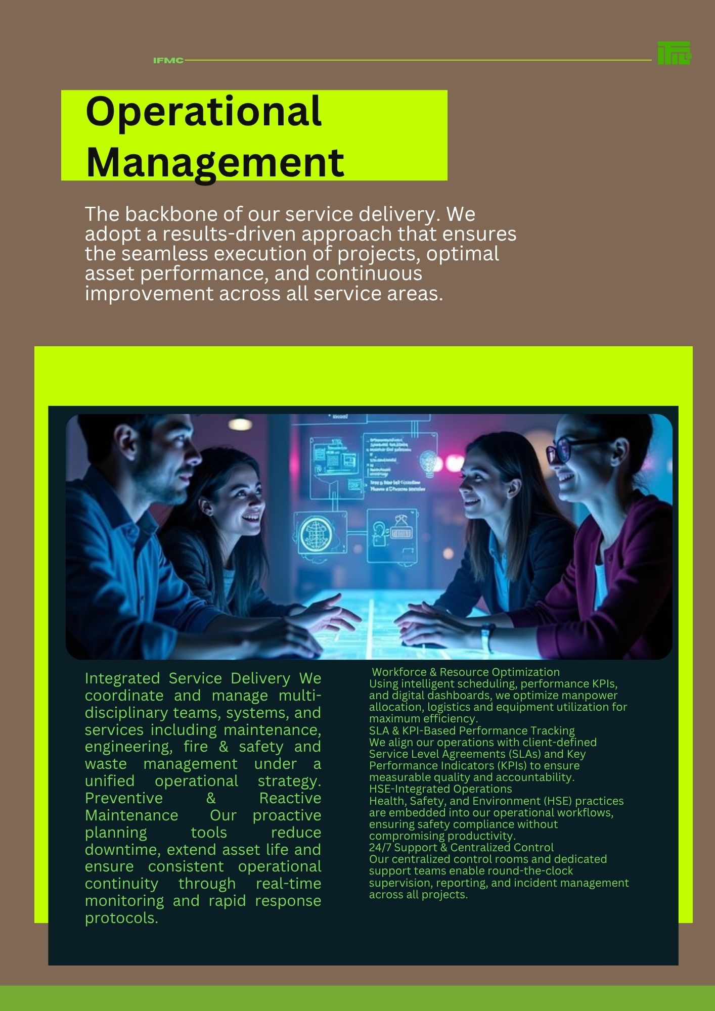 Operations management team collaborating with digital dashboards