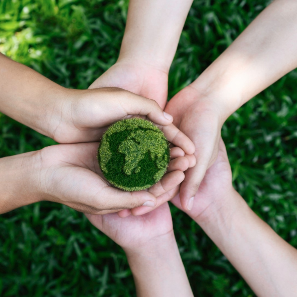 Diverse hands united around a green mossy globe, signifying IFMC's commitment to sustainable facility management